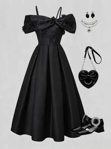 SHEIN 少女黑色收腰露肩蝴蝶结喇叭裙，适合宴会穿着 - 黑色 - 查看 3