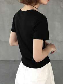 FRIFUL Women's Round Neck Partially Zip-Up Front Letter Print Decor Crossed Tie Collar Fitted Short Sleeve T-Shirt, Summer Graphic Tees Women - Black - View 4