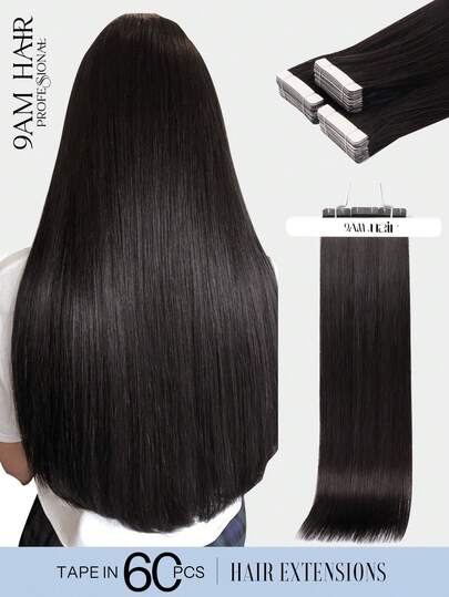 60pcs Tape In Hair Extensions 100% Human Hair #NC Natural Black Straight Style In 14-22 Inch Lengths Extensions Silky Seamless Invisible Top Quality Thick Ends Healthy Human Hair Extensions For Thin Hair And Salon Use And For All Women/Girls Daily Use