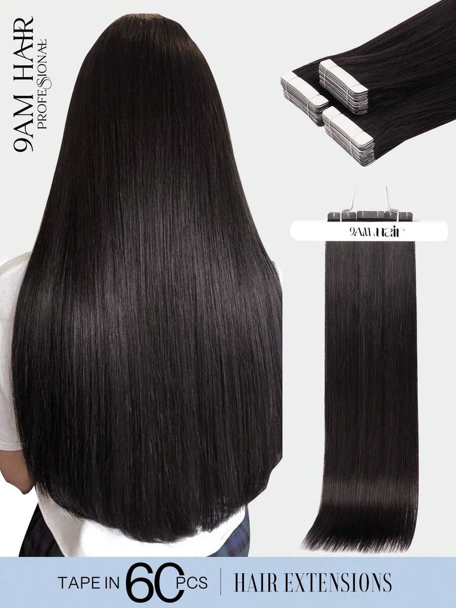 60pcs Tape In Hair Extensions 100% Human Hair #NC Natural Black Straight Style In 14-22 Inch Lengths Extensions Silky Seamless Invisible Top Quality Thick Ends Healthy Human Hair Extensions For Thin Hair And Salon Use For All Women/Girls Daily Use - Natural Black - View 1