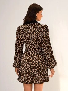 Almamuse 女式修身豹纹拼布翻领时尚迷你连衣裙 - 摩卡棕 - 查看 2