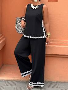 Elegantrix 大码女式撞色滚边无袖开衩连体裤，休闲度假装，时尚街头风，春夏款 - 黑色 - 查看 1