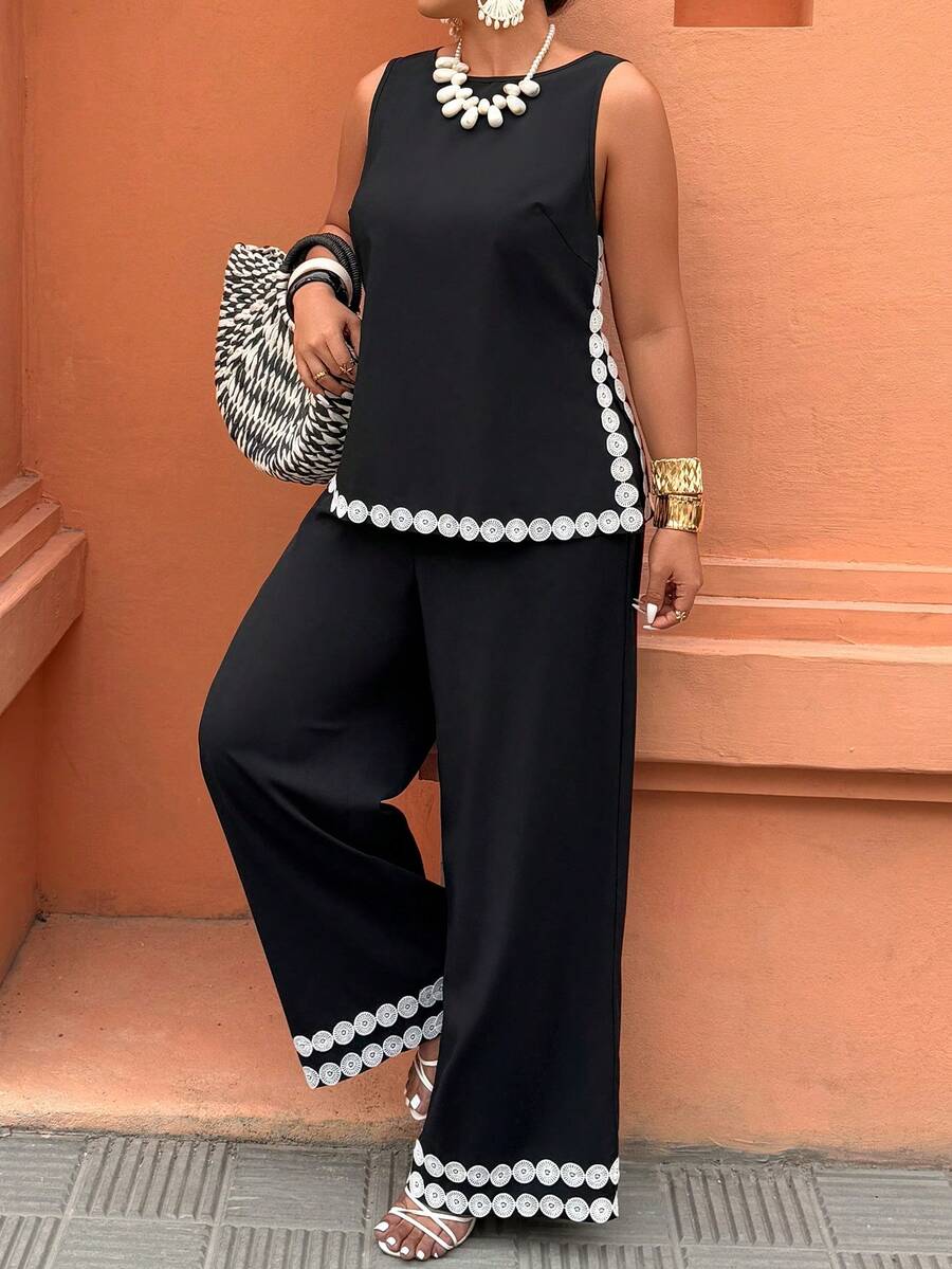 Elegantrix 大码女式撞色滚边无袖开衩连体裤，休闲度假装，时尚街头风，春夏款 - 黑色 - 查看 1