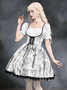 ROMWE Spring/SummergraphicGothic Lolita Skeleton & Thorn Print Contrast Lace Trim Fitted A-Line Skater Dress, Spring/Summer - White - View 4