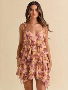 Vestido de vacaciones de verano con detalles de volantes, vestido de gasa con hojas de loto, vestido de tirantes, para festival deúsica country, concierto, regreso a la escuela, - Rosa - Ver 6