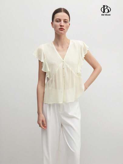 BizChic Women's Solid Color V-Neck Ruffle Sleeve Blouse, Urban Commute Office Business Casual Elegant Formal Shirt, Ladies Spring Summer Top, Wedding Guest Attire