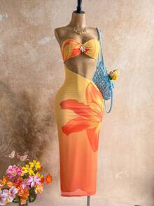 Soleia 女士管状金属花朵装饰镂空性感沙滩度假约会长裙 - 彩色 - 查看 4