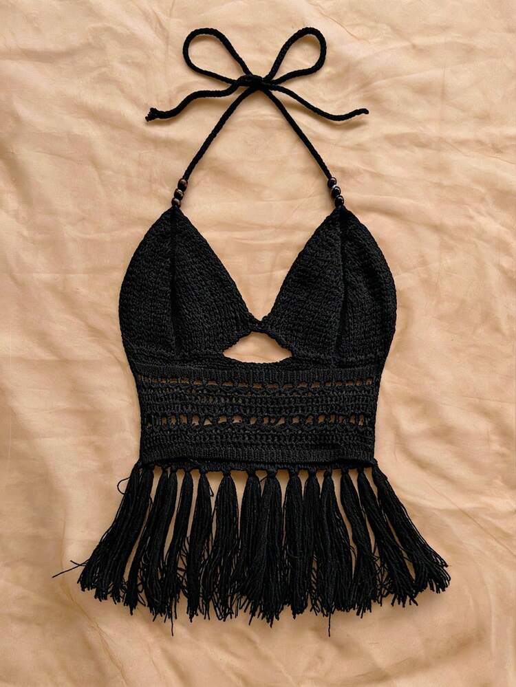 Soleia Blusa de punto con cuello de halter, bajo con flecos y cuentas, adecuada para vacaciones, citas, té de la tarde, playa, crucero, viaje por carretera, temporada de bodas, festival de música, vacaciones bohemias - Negro - Añade 2