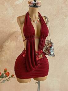 Soleia Vestido mini con escote en V con atar, cuello halter, parches de lentejuelas, espalda descubierta y cintura con atar, color rojo vino, estilo bohemio, para vacaciones, vintage, playa, crucero - Burdeos - Ver 3