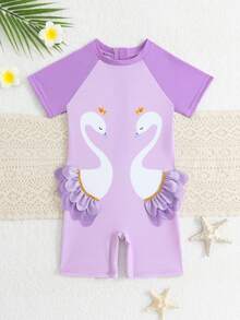 SHEIN 1pc Girls' Swan Quick-Dry Comfortable Knitted One-Piece Swimsuit,Short Sleeve Purple Rash Guard Kids Swimwear For Summer,Beach,Holiday & Vacation - Purple - View 1