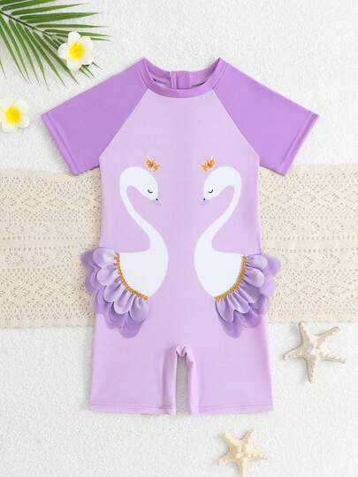 1 pieza Traje de baño de una sola pieza de tela de punto elástica y de secado rápido con diseño de cisne para niñas, adecuado para playa, piscina, , surf, vacaciones y viajes de verano
