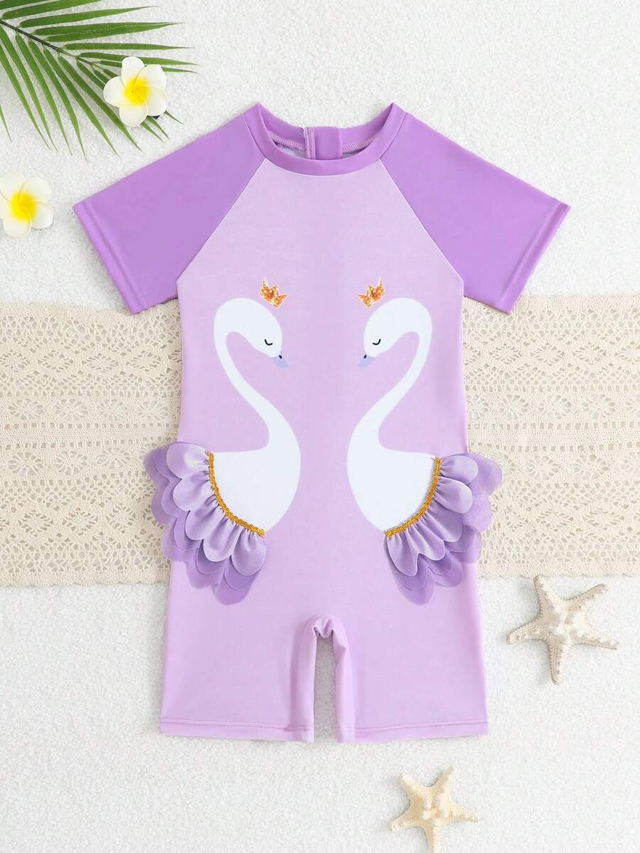 SHEIN 1pc Girls' Swan Quick-Dry Comfortable Knitted One-Piece Swimsuit,Short Sleeve Purple Rash Guard Kids Swimwear For Summer,Beach,Holiday & Vacation - Purple - View 1