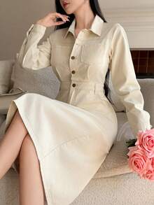 DAZY Women's Casual Denim Dress With Pockets, Spring/Autumn - Beige - View 1