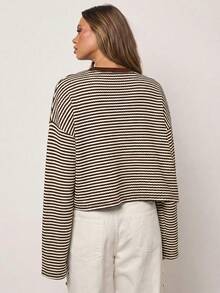 SHEIN BAE 女士休闲宽松条纹落肩T恤，春秋季 - 棕色 - 查看 2