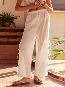 Women's Bohemian Casual Vacation Comfortable Jacquard Woven Side Slit Tie-Up Lounge Pants - White - View 1