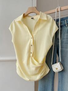 SHEIN EZwear 女士黄色梭织单排扣褶裥休闲衬衫 - 淡黃色 - 查看 5