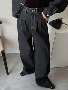 FRIFUL Women's Solid Color Front Button Long Sleeve Top And Wide Leg Jeans Set - Blue - View 6