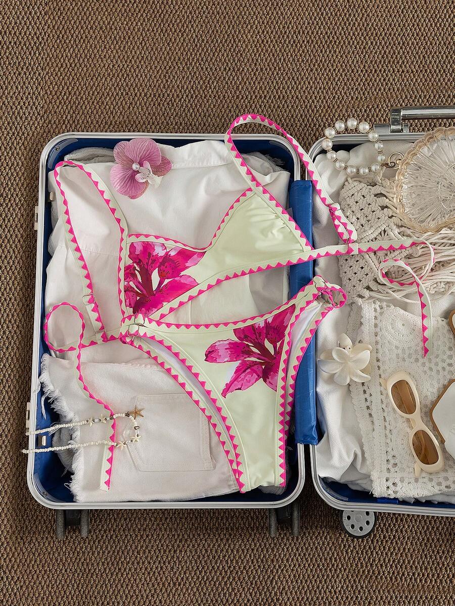 Swim Vcay Bộ bikini cỡ lớn 2 mảnh in hoa, áo cổ yếm hở lưng và quần cạp cao có thể điều chỉnh, thích hợp cho mùa hè đi biển và nghỉ mát. - Nhiều màu - Xem 1