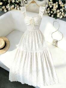 Elenzga 新款女士方领针织纹理优雅露背系带度假连衣裙 - 杏色 - 查看 4