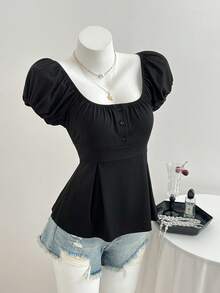 Elamini Women's Casual Versatile Square Neck Ruched Black Short Sleeve T-Shirt, Spring/Summer - Black - View 6