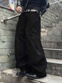 Manfinity EMRG Men's Casual Fashion Street Wear Distressed Loose Flared Leg Jeans, Suitable For Daily Commute Black Baggy Jeans Men - Black - View 5