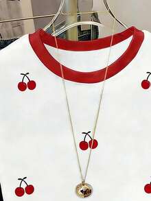Tween Girl Casual Sweet Cherry Print Short Sleeve T-Shirt Casual Red Striped Round Neck Top, Suitable For Daily Wear And Outings, Spring To Summer - Multicolor - View 3