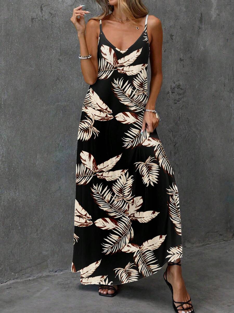 EMERY ROSE 大码热带树叶印花休闲无袖连衣裙 - 彩色 - 查看 1