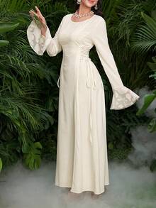 Al Najma Jacquard Patchwork Tie-Up Design Waist Cinched Round Neck Flare Sleeve Elegant Party Dress - Apricot - View 8