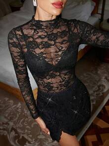 Lavishia 女式花卉蕾丝领长袖性感透视修身衬衫 - 黑色 - 查看 1