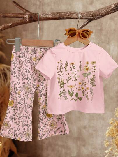 Baby Girl Casual Minimalist Short Sleeve Round Neck T-Shirt And Flare Pants Set, Suitable For Spring/Summer
