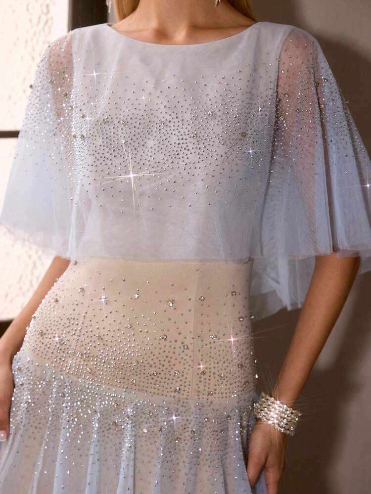 WOMEN'S NEW BLUE MESH BEADED LAYERED DRESS, ETHEREAL SHEER RUFFLE HEM MAXI DRESS, BANQUET RUNWAY EVENING GOWN