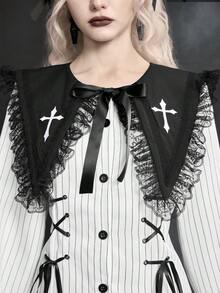 ROMWE Goth 哥特式暗黑娃娃十字尖领撞色蕾丝条纹修身A字迷你连衣裙 - 白色 - 查看 2