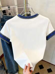 Camiseta de mujer de manga corta con cuello redondo, estampado de bandera americana y letras en bloques de color - Multicolor 3 - Ver 2