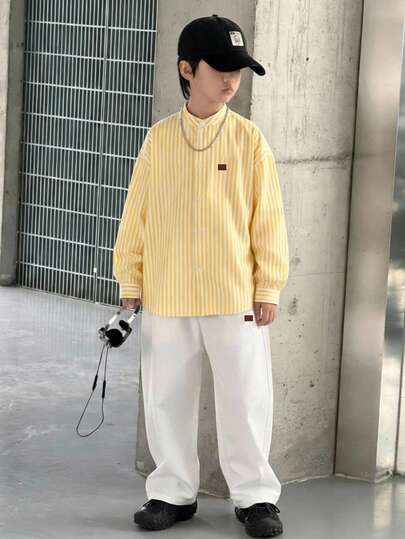 SHEIN 2pcs Kids Tween Boy Casual Soft Comfortable Open Front Loose Long Sleeve Mandarin Collar Shirt And Straight Leg Pants Set, Suitable For Spring, Summer, Autumn, Outings, Dates, New Year, Travel, Vacations, Family Gatherings, Back To School, Weddings, Formal Events, Sports