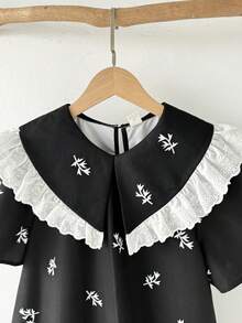 Loose Elegant Ditsy Floral Contrast Lace Trim Teen Girl Dress - Black - View 3