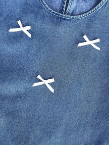 Đầm cổ tròn tay phồng xếp ly dễ thương với nơ trang trí, thích hợp cho du lịch và tụ họp, đầm denim phong cách preppy mùa xuân/hè. - Rửa nhẹ - Xem 5