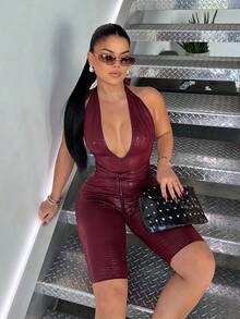 SHEIN SXY Bộ jumpsuit ôm sát gợi cảm cổ yếm khoét eo dành cho nữ, thích hợp cho hẹn hò/tiệc tùng. - Màu Đỏ Sâu - Xem 4