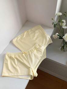 Comfortcana 2件套 女士休闲奶油黄条纹蝴蝶结装饰露脐上衣和短裤套装，春夏款 - 黃色 - 查看 3