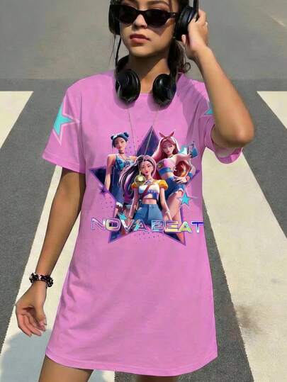 休闲简约短袖中长连衣裙，适合夏季穿着