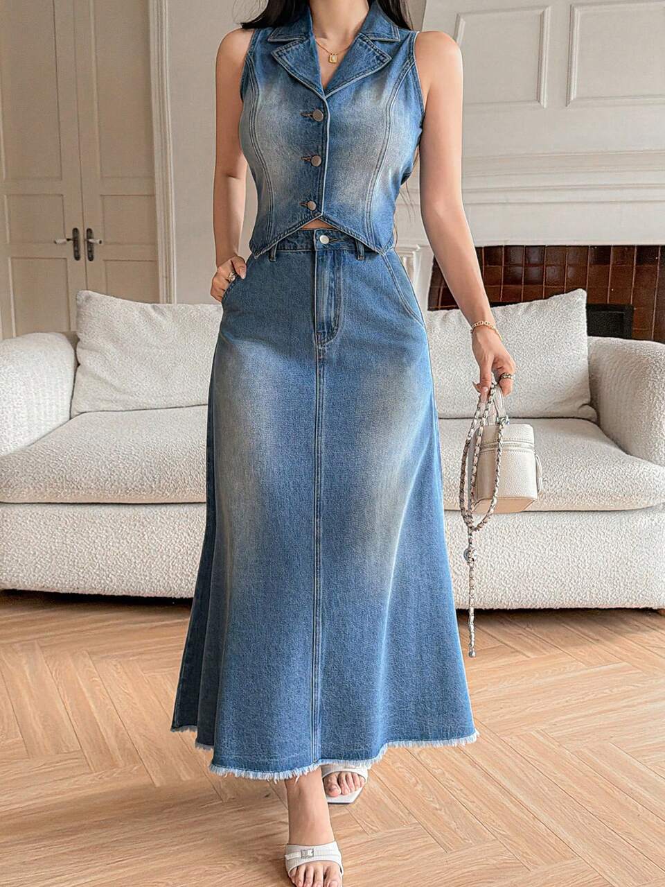 Women's Casual Washed White Denim Vest And Mini Skirt Suit, Spring/Summer,Wedding Guest Dress Women
