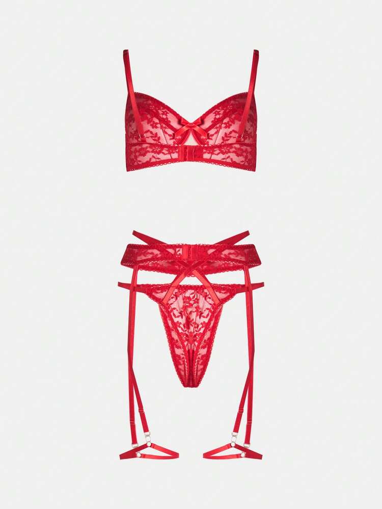 MISSGUIDED Delikatny, koronkowy, trzyczęściowy komplet bielizny z kwiatowym wzorem, biustonoszem na fiszbinach, pasem do pończoch i ozdobnymi ramiączkami