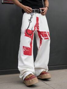 Manfinity ZONE917 男士涂鸦印花宽松直筒牛仔裤 - 白色 - 查看 7