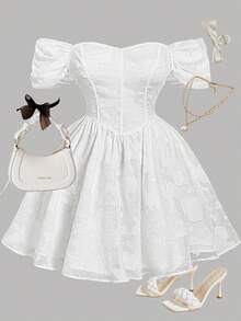 SHEIN MOD 大码女式浪漫露肩白色中长连衣裙、布里奇顿茶会连衣裙、女式白色连衣裙、女式迷你连衣裙、女式婚礼宾客连衣裙、毕业礼服 - 白色 - 查看 5