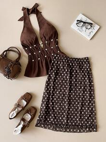 Muvela New Spring/Summer Coffee Brown Polka Dot Textured Lace Fabric Elastic Waist Adjustable Hem Ruffle Trim Design Women's Skirt, Versatile For Summer Outfits - Brown - View 6