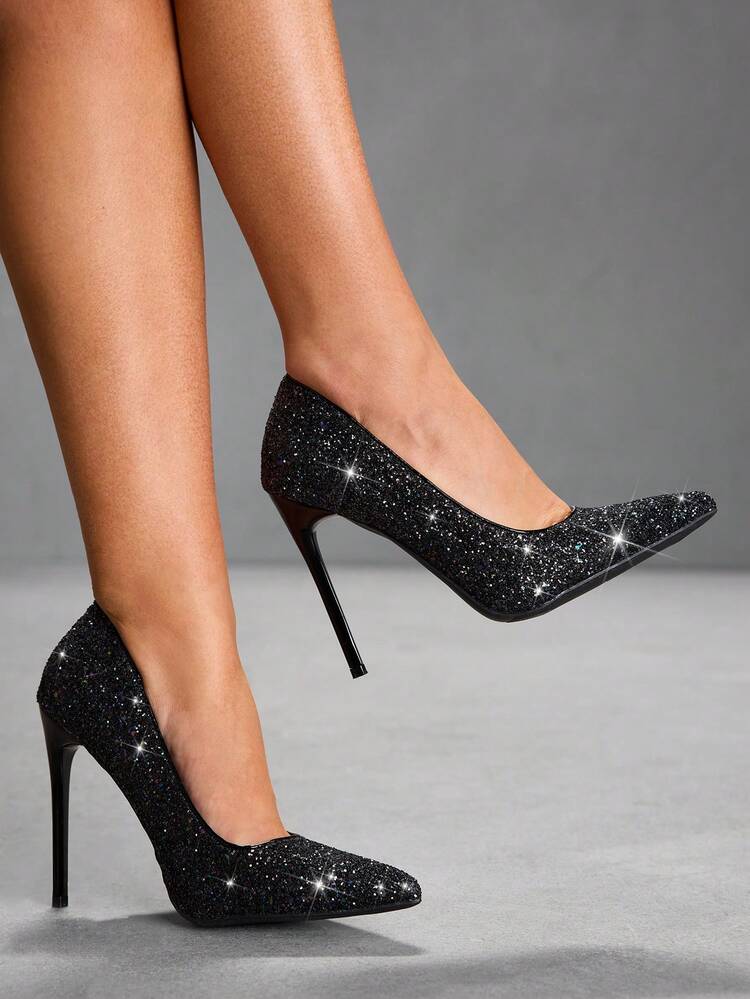 CUCCOO SZL Women Shoes Women's Pointed Stiletto Black Shiny Glitter Women's High-Heeled Shoes Elegant Elegant Fashion Gorgeous Sexy Suitable For Parties Parties Banquets Nightclubs And Other Occasions Women's Shoes High Heels Spring Shoes