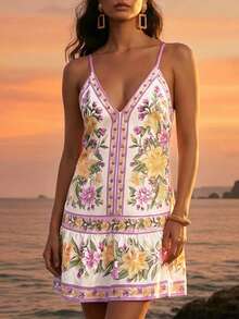 CAJUNI 女士印花荷叶边性感时尚吊带度假连衣裙 - 彩色 - 查看 6