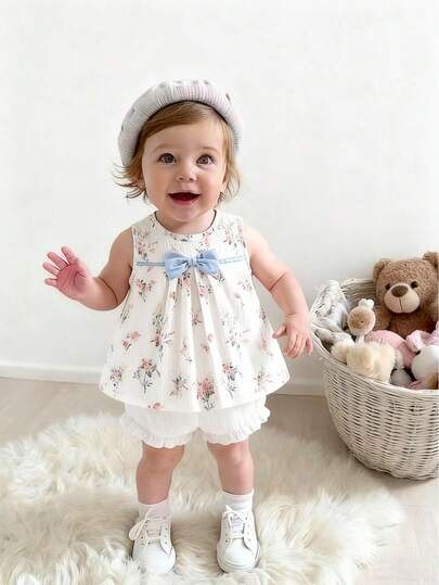SHEIN Souflis Baby Girl Floral Print Bow Decor Vest And Shorts Cute Set