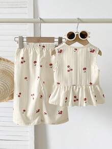 SHEIN 2件套女婴幼儿/新生儿0-3岁春夏休闲甜美日常度假条纹梭织无袖上衣和阔腿裤套装 - 杏色 - 查看 2