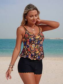 2026Swim Lushoire Ensemble 2 pièces, Top de bikini camisole ample et élégant noir vintage avec motif cachemire contrasté par une bordure orange vif, Bas culotte avec bordure vive. Hauts d'été pour femmes en vacances. Maillot de bain Tankini avec contrôle du ventre, style bohème - Multicolore - Voir 5