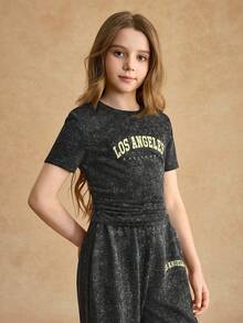 SHEIN Girls' Tee Set,Dark Grey Summer Cute Back-To-School Outfit,Fitted Short Sleeve T-Shirt&Loose Wide Leg Pants,Soft Knit For Casual,Sports,School Wear - Black - View 6